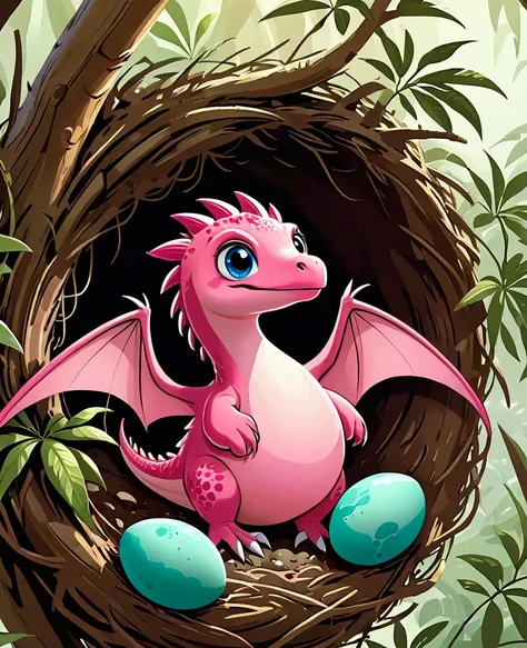 Interesting illustrations：Cute pink pterosaur，Dinosaur eggs in a tree nest