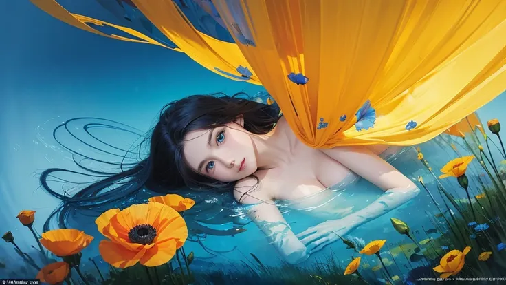 32k, Masterpiece, Highest quality, One girl, Detailed eyes, flower,Iceland Poppy, Blue and yellow style,A dreamy, romantic piece,Pale yellow, Mysterious Leaves,A playful arrangement,Fantasy,High Contrast,Ink strokes,explosion,Exposure, Impression of blue a...