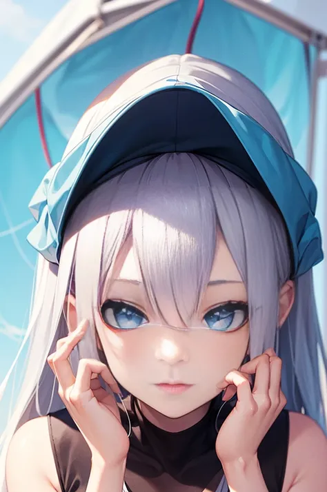 Transparent silver hair))、Semi-long hair、((Shiny blue eyes))、(Cute Summer Clothes)、resolution, unity 8k wallpaper, (figure:0.8), (Detailed and beautiful eyes:1.6), Highly detailed face, Perfect lighting, Extremely detailed CG, (Perfect hands, Perfect Anato...