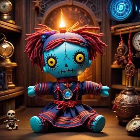 (knitted toy voodoo doll:1.7), (Voodoo in a Lost Temporal Portal:1.3), (Clothing: time traveler outfit with glowing temporal rift patterns:1.0), (Accessories: enchanted hourglass emitting sparks of time manipulation, levitating ancient artifacts:1.1), (bac...