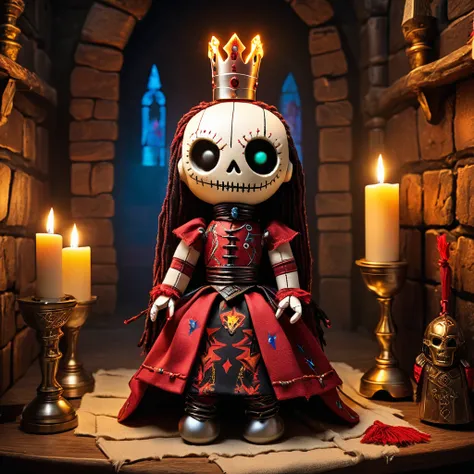 (knitted toy voodoo doll:1.7), (Voodoo in a Legendary Castle:1.3), (Clothing: medieval attire with glowing castle tapestry patterns:1.0), (Accessories: enchanted chalice emitting sparks of royal magic, levitating knights armor:1.1), (background: mystical c...