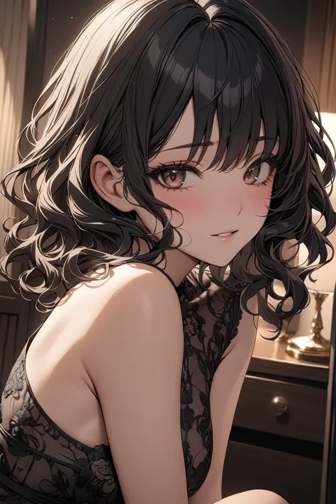 masterpiece,best quality,ultra detailed　,1girl　 ,black hair　 ,medium hair　 ,wavy hair　黒いパンスト　ノーパン