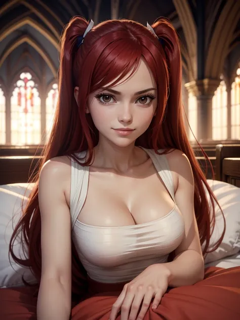 full body picture of 1 girl: erza scarlet, smiling, laying down in bed wearing rin tohsaka outfit, in a room with huge church-li...