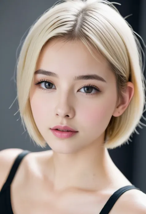 Straight blonde girl with short hair and pink lips, 15 years old, sexy body looking at the camera from above while wearing a black neckline where you can see her breasts 