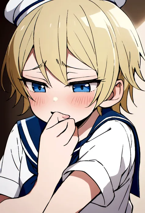 blonde,wolf cut. shota, sailor suit, sailor hat, blue eyes, tomboy, naughty