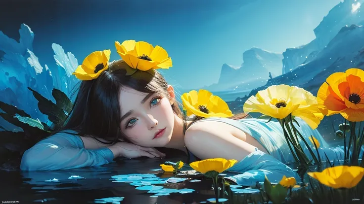 32k, Masterpiece, Highest quality, One girl, Detailed eyes, flower,Iceland Poppy, Blue and yellow style,A dreamy, romantic piece,Pale yellow, Mysterious Leaves,A playful arrangement,Fantasy,High Contrast,Ink strokes,explosion,Exposure, Impression of blue a...