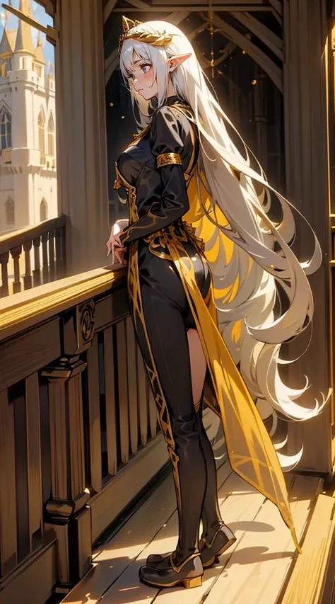 1 girl,20 years,one,happy face,black and gold long dress,middle ,white hair,long hair,yellow eyes,elf ears, black small horns,wh...