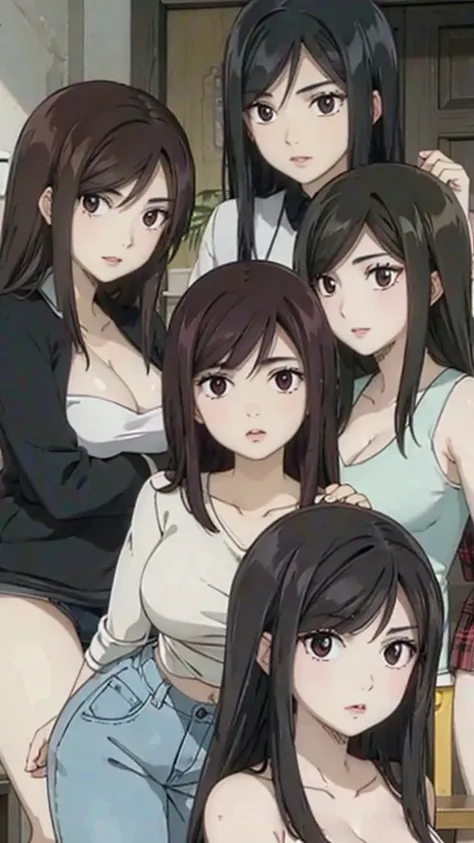 Mommy with 4 daughters,black hair, long hair, messy hair, hair between eyes, chubby cheek,Sexy lips, pucker lips