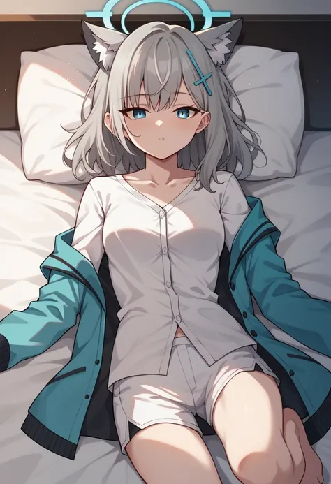 1girl, shiroko (blue archive), animal ears, solo, halo, blue eyes, extra ears, (mismatched pupils), (grey hair:1.2), animal ear fluff, lying, looking at viewer, bangs, open clothes, on back, medium hair, outstretched arms, (white shirt:1.2), white shorts, ...