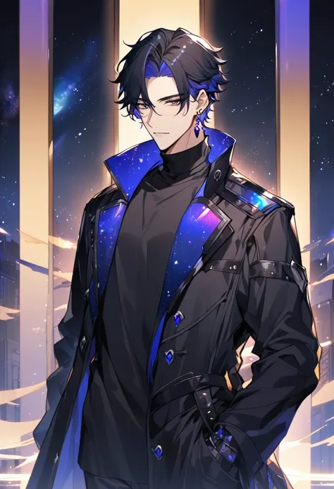 a handsome young man, he wears galaxy colored earrings, he looks so mysterious, He was dressed in a black shirt with his black coat hanging over his shoulder. Manhwa style.  