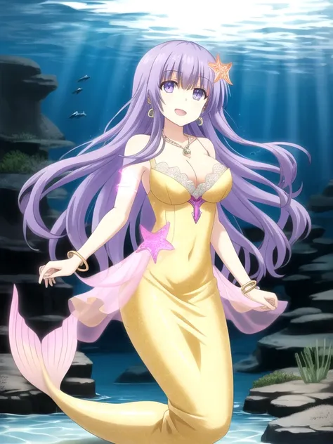 miku izayoi | date a live, mermaid, long hair, light purple hair, purple eyes, cleavage, bra, underwater, sea, looking at viewer...