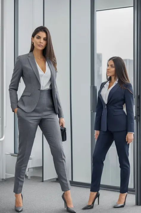 ((best qualityer)), ((work of art)), (detailded), 1 girl, Brunetette, healthy body man wearing dress pants and a gray suit standing in an office room