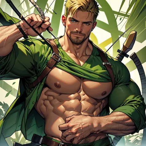 32k, high quality , detailed face , detailed fingers , detailed  hands detailed muscles  stephen amell as green arrow , wearing dark green outfit   , showing a dark blond short hair , a thick facial hair , a thick blond moustache , a bulge ,hunk and handso...