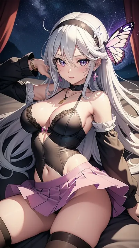 masterpiece, best quality, 1 solo girl, white hair, grey eyes, long hair, medium breasts, sexy body and face, wavy hair, smile, black socks, brown bow, knee-highs, long sleeves, open bra, open panty, parted lips, pink pleated skirt, puffy long sleeves, pur...