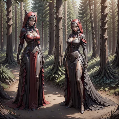 Little Red Riding Hood becomes the Big Bad Wolf, big breasts, Frontal, full length, looking at the camera, facing the audience, standing posture, Forest background, 3D light, detailed full body concept, elegant digital concept art, Beautiful Full Body Conc...