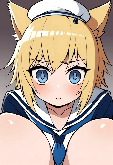 Blonde,wolf cut. Shota, sailor suit, sailor hat, blue eyes, tomboy, Naughty
