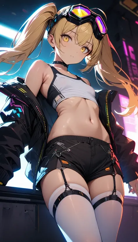 a handsome girl, solo, blond hair, twintails, yellow eyes, cyber punk black jacket, tank top, goggles on head, [navel], off shoulder, open jacket, black shorts, garter rings, white tights, volumetric lighting, expressionless, blurry background, perfect ang...