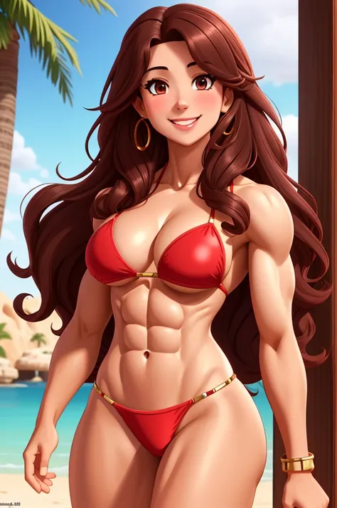 attractive arabian woman, ripped muscle, muscular body, pale skin, smile(blush), red bikini, sixpack abs, [ultra detailed skin:1.2], dark brown hair, long curly hair, 8k uhd, pussy, stand,