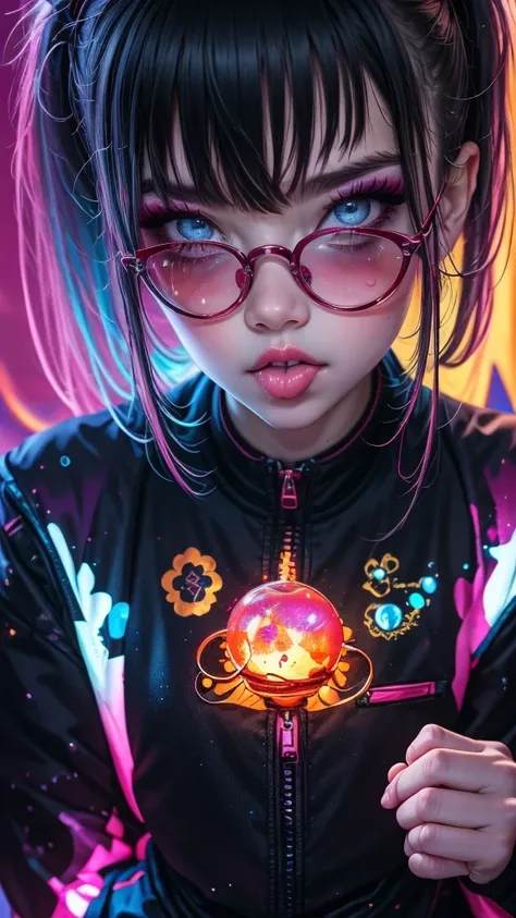 upper body, 1girl, loli, solo, Eye focus,Masterfully crafted Glow, pink lens flare, Cinematic background,colourful, hyper details, hdr, ultra detailed eyes, mature, plump, rainbow painting drops,(supermodel:1.3), indoors, (bioluminescent hair:1.1),(glowing...