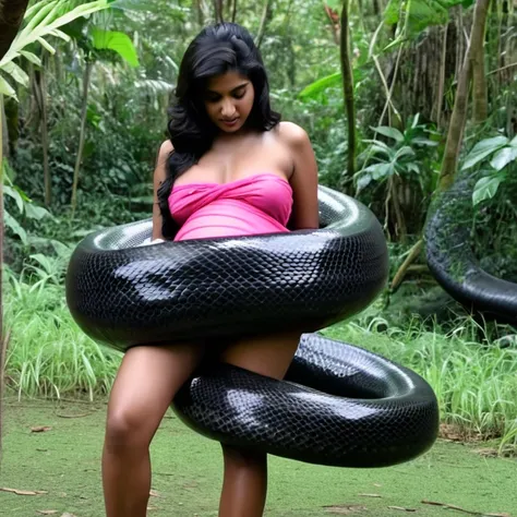  Pregnant  pink loin cloth  aroused horny beautiful happy  young  Indian teen village girl   vs  Giant colossal black anaconda    monster wrapped around her body squeezing her in coiled embrace cuddling and kissing  sexual erotic bestiality  sex  realistic...