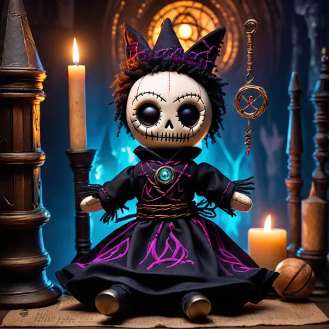 (knitted toy voodoo doll:1.7), (Voodoo in a Gothic Tower:1.3), (Clothing: dark mage robes with glowing gothic runes:1.0), (Accessories: enchanted crystal emitting sparks of dark magic, levitating ancient scrolls:1.1), (background: mystical gothic tower wit...