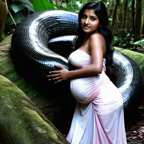  Pregnant  pink loin cloth  aroused horny beautiful happy  young  Indian teen girl   vs  Giant colossal black anaconda    monster wrapped around her body squeezing her in coiled embrace cuddling and kissing  sexual erotic bestiality  sex  realistic in the ...