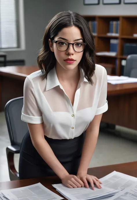 (best quality,4k,8k,highres,masterpiece:1.2),ultra-detailed,(realistic,photorealistic,photo-realistic:1.37), 1girl, looks like Olivia thirlby, solo, looking at viewer, black hair, white blouse, short dark skirt, wears glasses, parted lips, in a law office,...