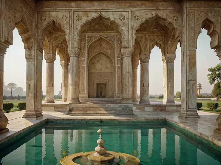 A stunning white marble mausoleum, Taj Mahal in India, intricate ornate architectural details, beautiful symmetry, reflecting pool, surrounded by lush gardens, dramatic lighting, golden hour, photorealistic, cinematic composition, ultra-detailed, masterpie...