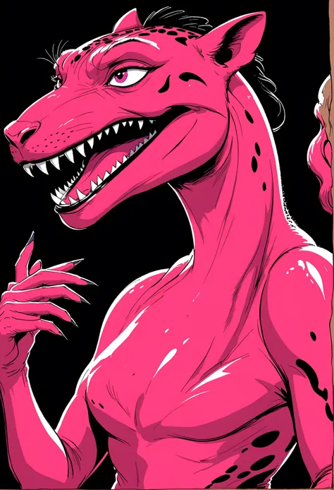 Pink dinosaur, shades of pink, light to dark pink spectrum (pink panther homage) hand drawn 1960s animated, cinematic action shot, silly, campy film hyperrealism hand drawn rotoscope, dark digital art style subtle american animation influence (sean gordon ...