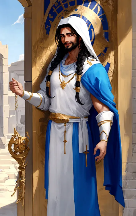 Man in white robe and blue sash standing in front of a wall, handsome prince of Persia, portrait of Bedouin D&d, dressed as Jesus Christ, with a smiling Orientalist face, Jason Momoa as Assyrian, young Greek, image of a male cleric, a portrait of the chara...