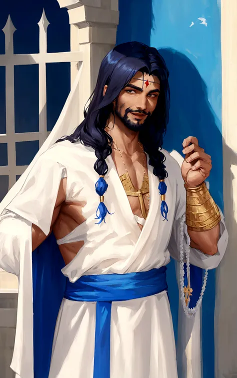 Man in white robe and blue sash standing in front of a wall, handsome prince of Persia, portrait of Bedouin D&d, dressed as Jesus Christ, with a smiling Orientalist face, Jason Momoa as Assyrian, young Greek, image of a male cleric, a portrait of the chara...