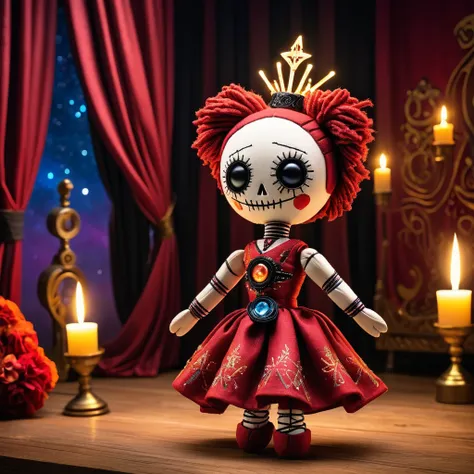 (knitted toy voodoo doll:1.7), (Voodoo on a Celestial Opera Stage:1.3), (Clothing: opera costume with glowing celestial motifs:1.0), (Accessories: enchanted opera glasses emitting sparks of musical magic, levitating musical notes:1.1), (background: mystica...