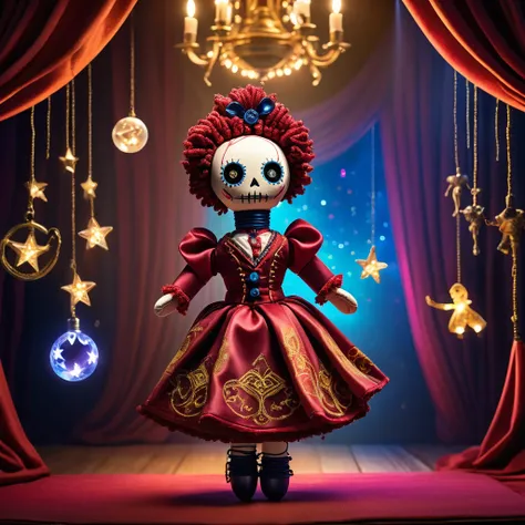 (knitted toy voodoo doll:1.7), (Voodoo on a Celestial Opera Stage:1.3), (Clothing: opera costume with glowing celestial motifs:1.0), (Accessories: enchanted opera glasses emitting sparks of musical magic, levitating musical notes:1.1), (background: mystica...