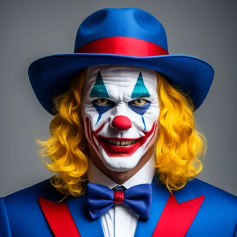 映画Jokerのような,hair is yellow,Hats come in three colors,Realな人間,Illustration is different,clown,Joker,Face white,Cross painted on eyes,Yellow hair,Three-color hat,whole body,4K,high resolution,uncle,Real,Real Humans,Man in his 40s,The hat is white, blue and r...