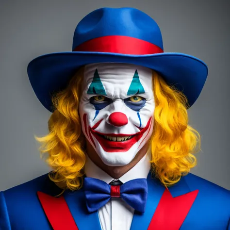 映画Jokerのような,hair is yellow,Hats come in three colors,Realな人間,Illustration is different,clown,Joker,Face white,Cross painted on eyes,Yellow hair,Three-color hat,whole body,4K,high resolution,uncle,Real,Real Humans,Man in his 40s,The hat is white, blue and r...