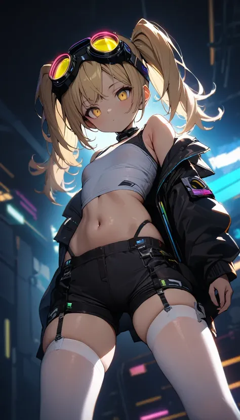 a handsome girl, solo, blond hair, twintails, yellow eyes, cyber punk black jacket, tank top, goggles on head, [navel], off shoulder, open jacket, black shorts, garter rings, white tights, (lighting front), (volumetric lighting:1.4), expressionless, blurry...