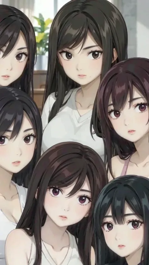 mommy with 4 daughters,black hair, long hair, messy hair, hair between eyes, chubby cheek,sexy lips, pucker lips