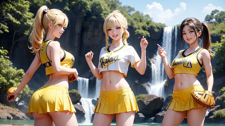 Beautiful cheerleaders playing baseball vigorously at the base of a waterfall。Sexy smile、Blonde ponytail、Hanshin Tigers uniform,Beautiful buttocks