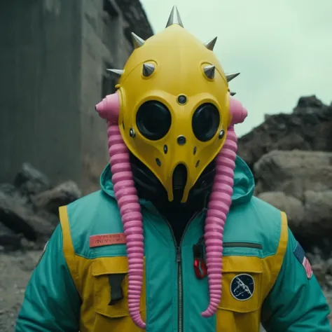 horror-themed,  in an ancient and mysterious city a person wearing a yellow helmet with pink dark spikes on it carcosa city styl...