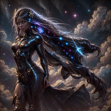 an artist's depiction of a celestial maiden, adult woman, astral, beautiful, celestial, cosmos, galaxy, space, stars, starry,sta...