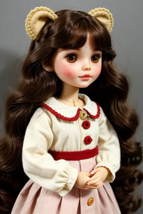 Blythedoll, characteristics: Guera skin, rounded eyes, big and long eyelashes (Dark color), wavy brown hair, big, red cheeks, button nose and vintage clothing, with little eyebrow, with hair behind the ears without anything on the forehead with dark eyes 