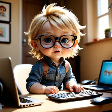 (style de film photo), gros plan, portant des lunettes de soleil regardant un ordinateur portable, animation scene, anthropomorphe, cute little baby blond hair, , dans sa chambre, étudier, 2D, coloré, Ambiance chaleureuse, brillant, Jean-Baptiste Monge sty...