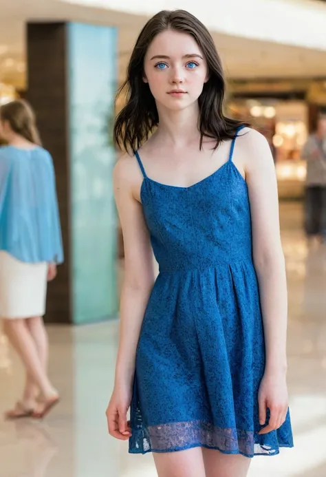 full body shot, 19 yrs old woman, 1.65m high, dark brown shoulder-length hair, open hair, a strand of hair on the face, blue eyes, standing, sandals, blue dress, perfect face, (Kontakt Iris: 1.1), pale skin, some skin blemishes, several birthmarks, skin po...