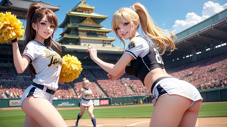 Beautiful cheerleaders playing baseball at Osaka Castle。Sexy smile、Blonde ponytail、Hanshin Tigers uniform,Beautiful buttocks