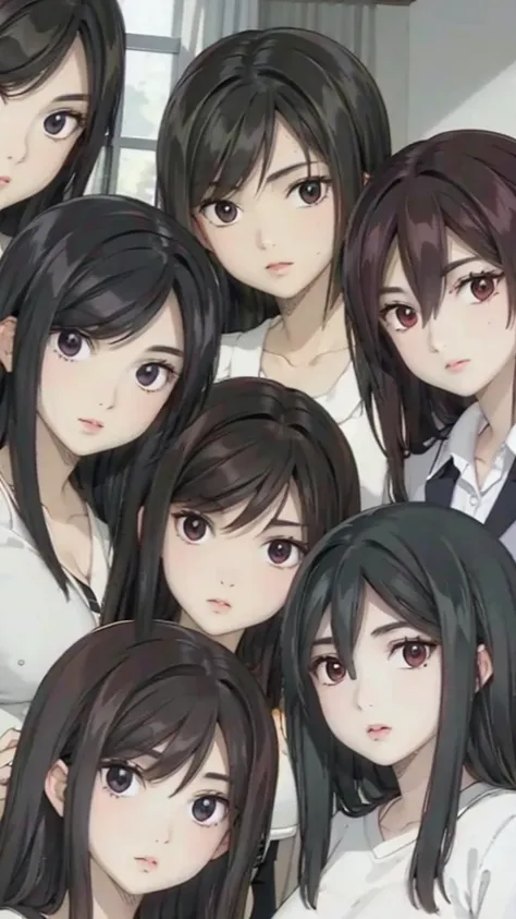 mommy with 4 daughters,black hair, long hair, messy hair, hair between eyes, chubby cheek,sexy lips, pucker lips