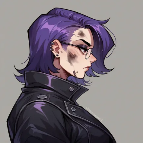 
there is a woman with glasses and a black jacket on, Dark purple hair and cybernetics, grungy woman, Emo art student, with glasses, Purple hair portrait of woman, Profile shot, purple and black, look from the side, Shot from the side, Irish horrors, dark ...