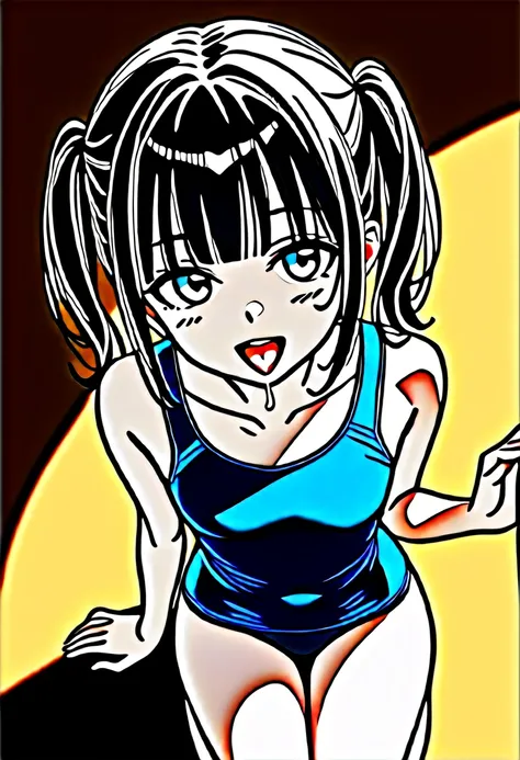 Beautiful girl at 13 years old,Japanese,,,Small and slim,Flat Chest,Small breasts,Baby Face,Small face,Black Hair,Twin tails,Grey Eyes,middle School girls,School Swimsuit,open mouth,tongue out,Kneeling and sitting,Beautiful and detailed anime art,A mischie...