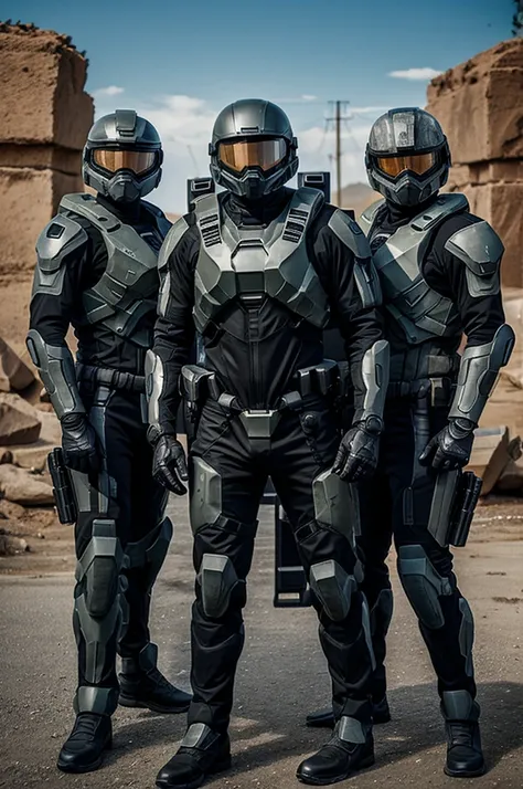 Recreate a logo with 3 friends, 1 with tactical biker suit, 1 with Ghost costume from call of duty, 1 with halo suit.