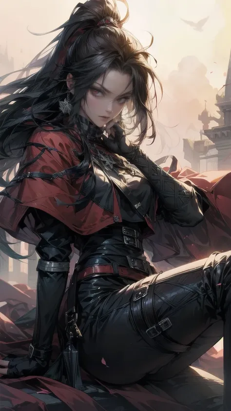 (pressurdos, High resolutions, ultra detailed, HDR), masterpiece, Best quality, last fantasy VII, Vincent Valentine, only 1 person, Beautiful, wide, black hair, Bright red eyes, Beautiful eyes and a detailed face, armor, ((Intricate weapons)), Sitting on t...