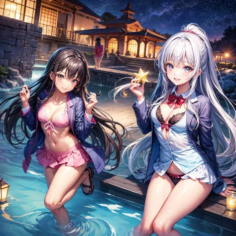 best quality，，smile，blazer，swimsuit，nepal，middle School girlultiple girls are depicted,harem，idol group，starry sky background，photo shoot，long hair，wearing a cardigan，beautiful girlの国，girl&#39;s paradise，highest quality，big breasts，leather jacket，happy gir...